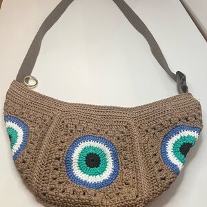 Brown Crochet Shoulder Bag with Blue and Green Accents